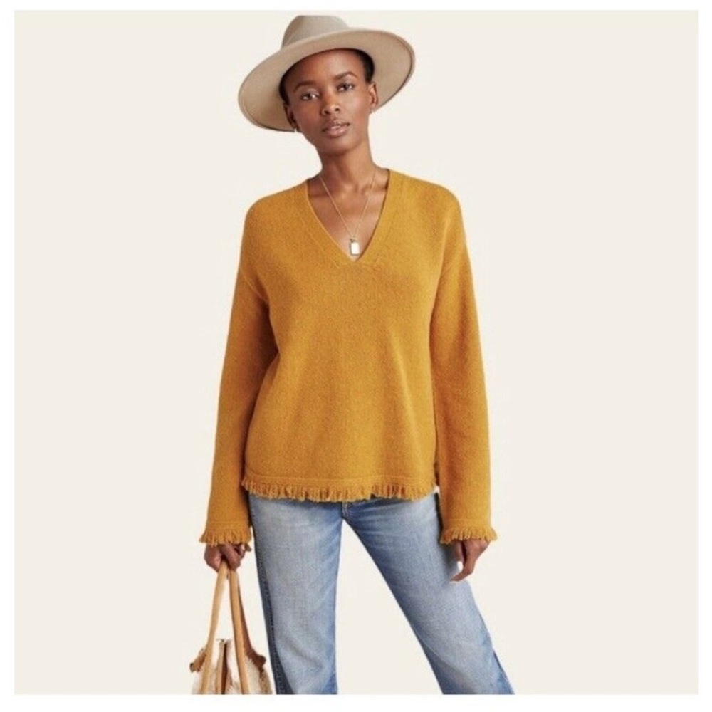 Anthropologie Joy‎ Fringe Mustard Yellow Wool Blend V-Neck Sweater